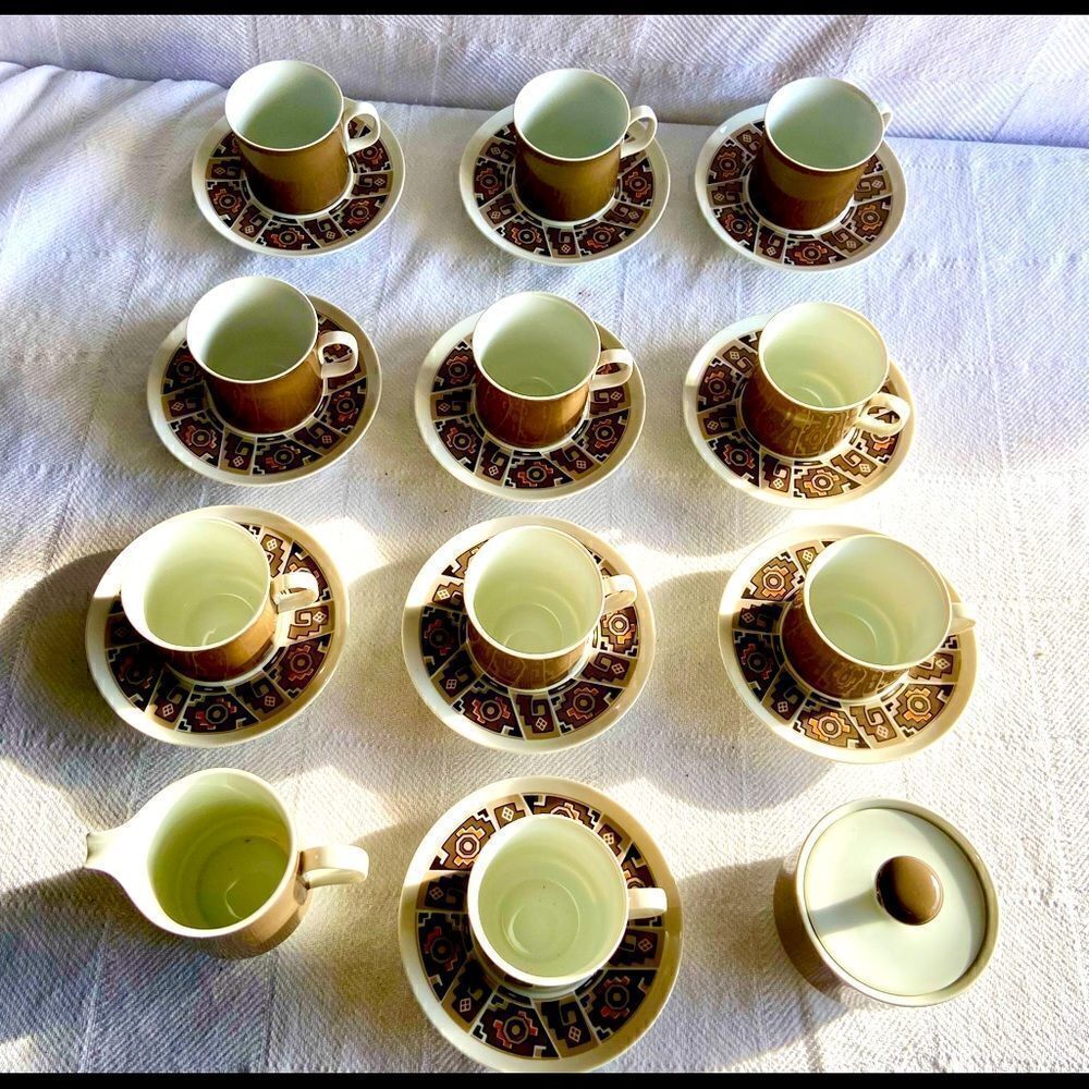 Vtg MCM Sango Japan Aquarius Bric A Brac Pattern 6 Cups & Saucers EVC Used On TV
